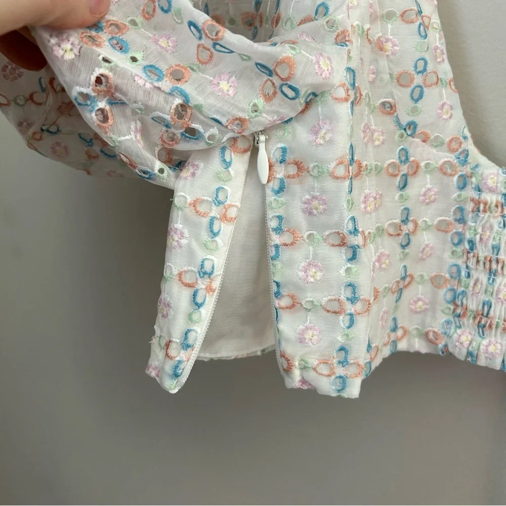 For Love And Lemons White Eyelet Crop Top with Pastel Blue Print - Picture 9 of 14